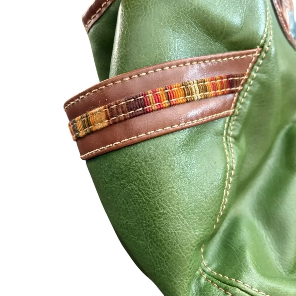VTG 80’s Relic Green Leather Clutch Round Handle Handbag Side Pockets Snap Close